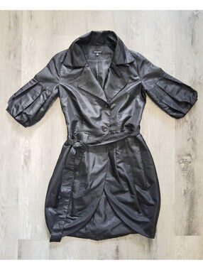 Samuel Dong Size S Black Dotted Puff Sleeve Tulip Bubble Hem Trench Coat Dress